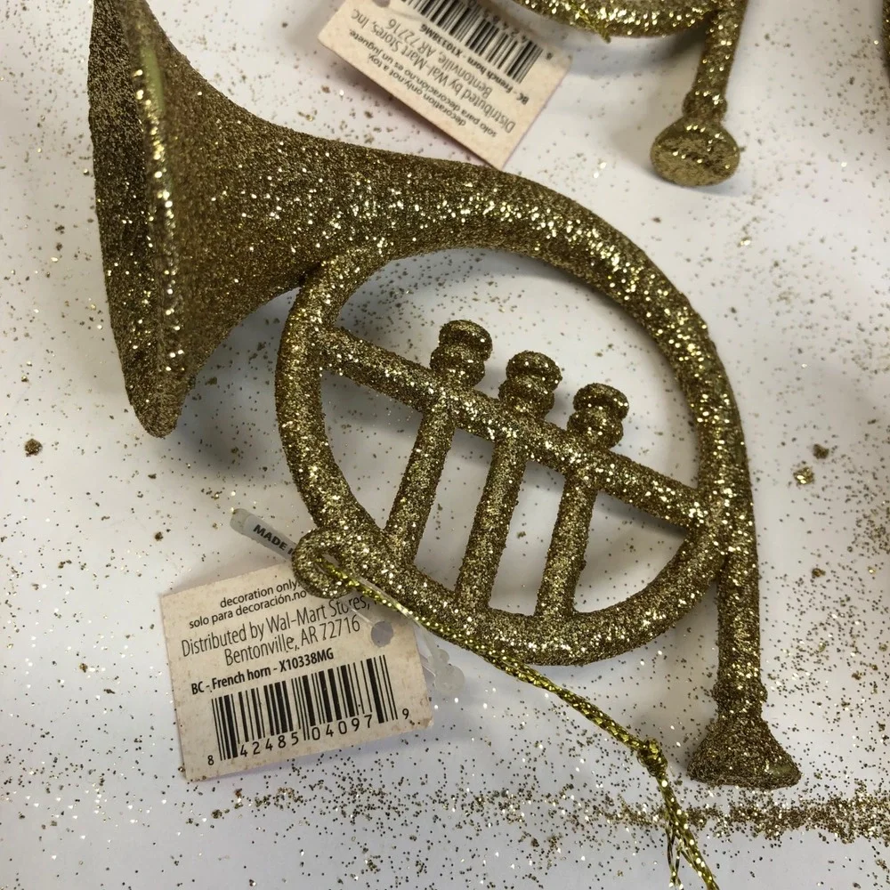 Holiday Time French Horn Christmas Ornament Gold Glitter Set of 10 New‎